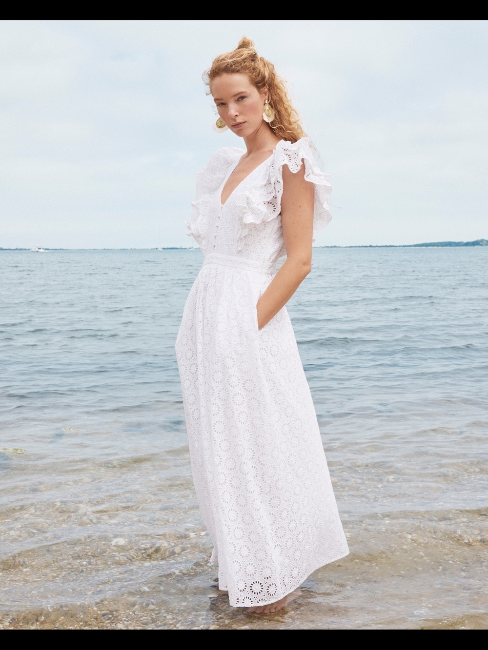 J. Crew White Eyelet Maxi with Ruffle Cap Sleeves Size 6